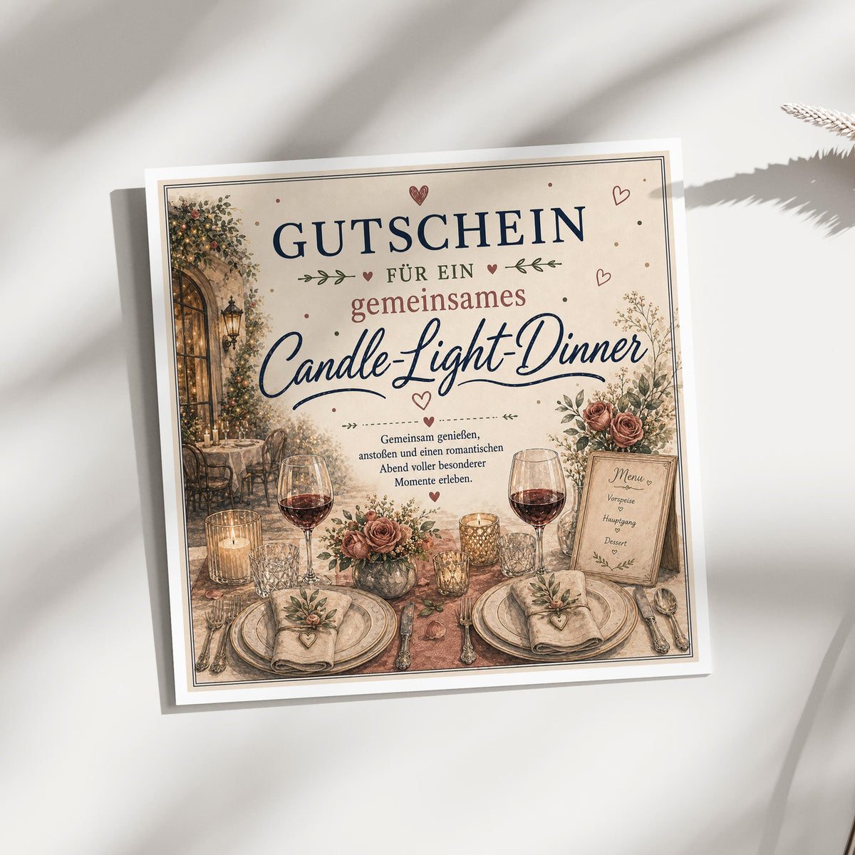 Gutschein Karte Candle Light Dinner, Erlebnisgutschein Klappkarte 15x15 cm mit Umschlag, Geschenk Partner, Valentinstag, Jahrestag, Date