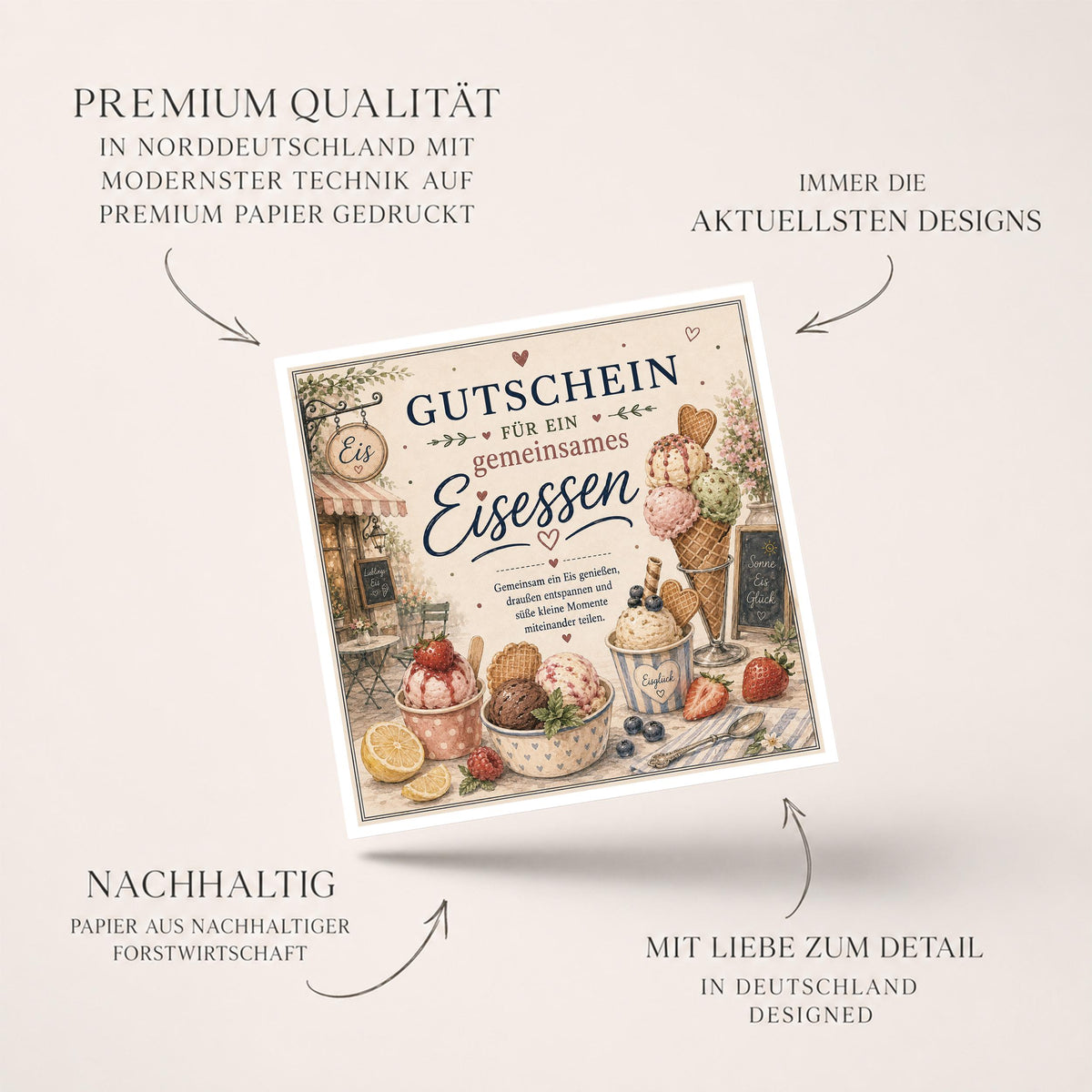 Gutschein Karte Eisessen, Erlebnisgutschein Klappkarte 15x15 cm mit Umschlag, kleines Geschenk, Sommer, Geburtstag, Aufmerksamkeit