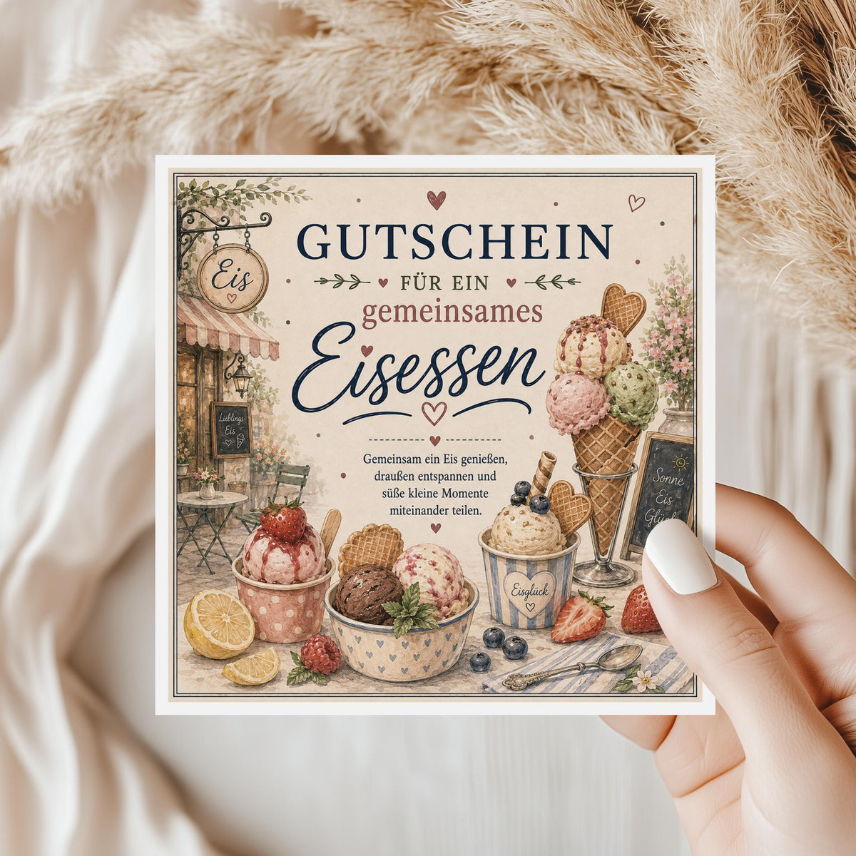 Gutschein Karte Eisessen, Erlebnisgutschein Klappkarte 15x15 cm mit Umschlag, kleines Geschenk, Sommer, Geburtstag, Aufmerksamkeit