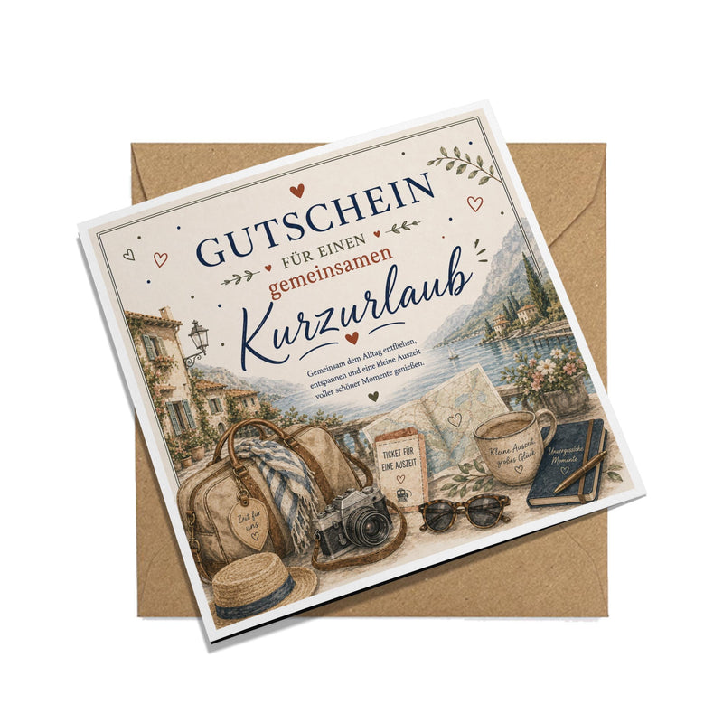 Gutschein Karte Kurzurlaub, Erlebnisgutschein Klappkarte 15x15 cm mit Umschlag, Reisegutschein, Wochenendtrip, Geschenk Partner