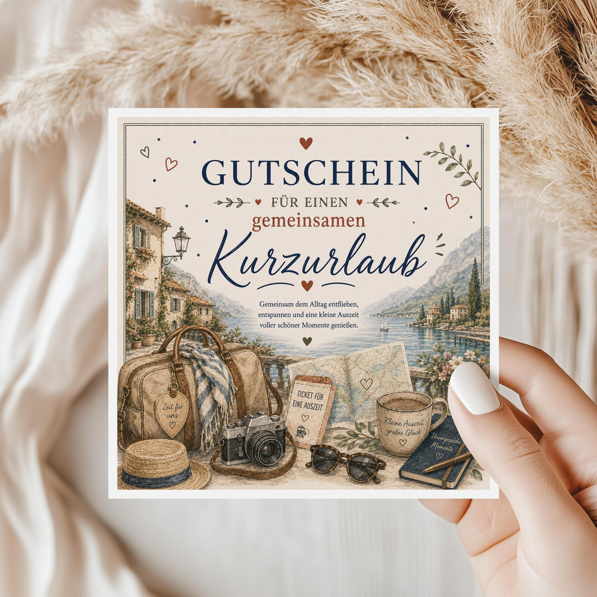 Gutschein Karte Kurzurlaub, Erlebnisgutschein Klappkarte 15x15 cm mit Umschlag, Reisegutschein, Wochenendtrip, Geschenk Partner