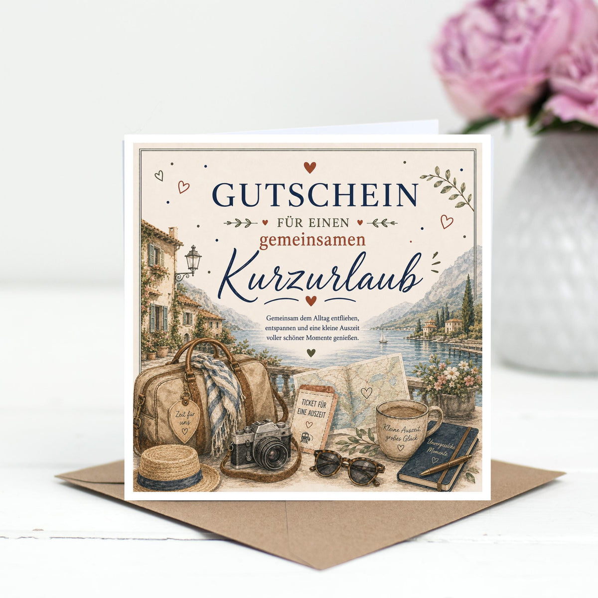 Gutschein Karte Kurzurlaub, Erlebnisgutschein Klappkarte 15x15 cm mit Umschlag, Reisegutschein, Wochenendtrip, Geschenk Partner
