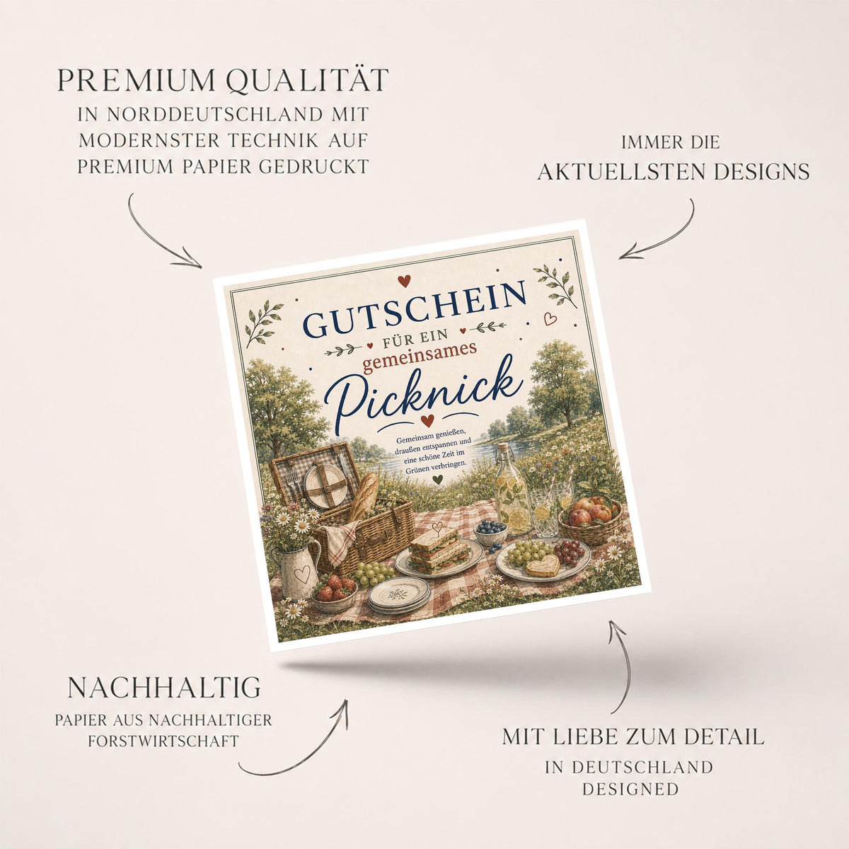 Gutschein Karte Picknick, Erlebnisgutschein Klappkarte 15x15 cm mit Umschlag, Geschenk Partner, Freundin, Frühling, Sommer Date
