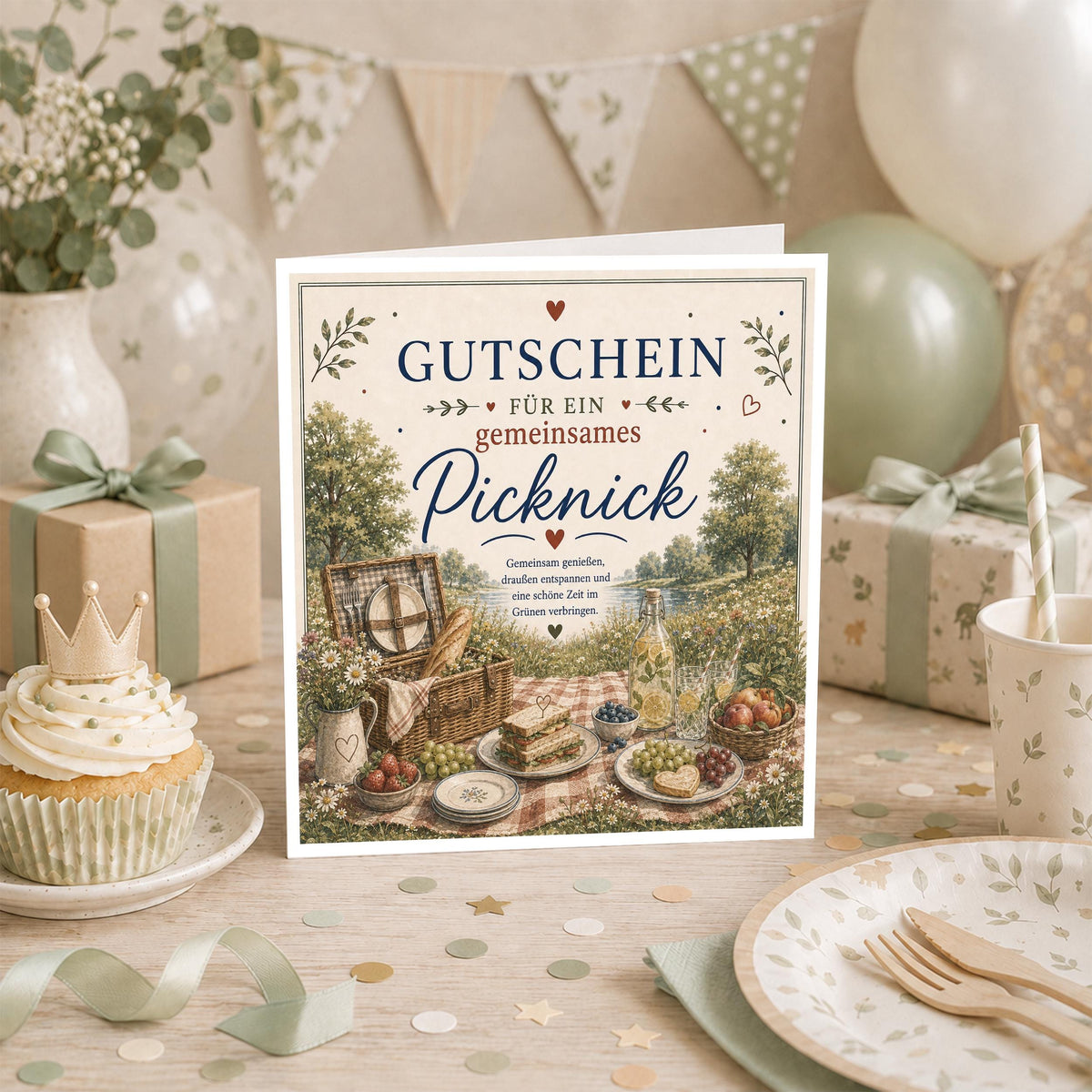 Gutschein Karte Picknick, Erlebnisgutschein Klappkarte 15x15 cm mit Umschlag, Geschenk Partner, Freundin, Frühling, Sommer Date