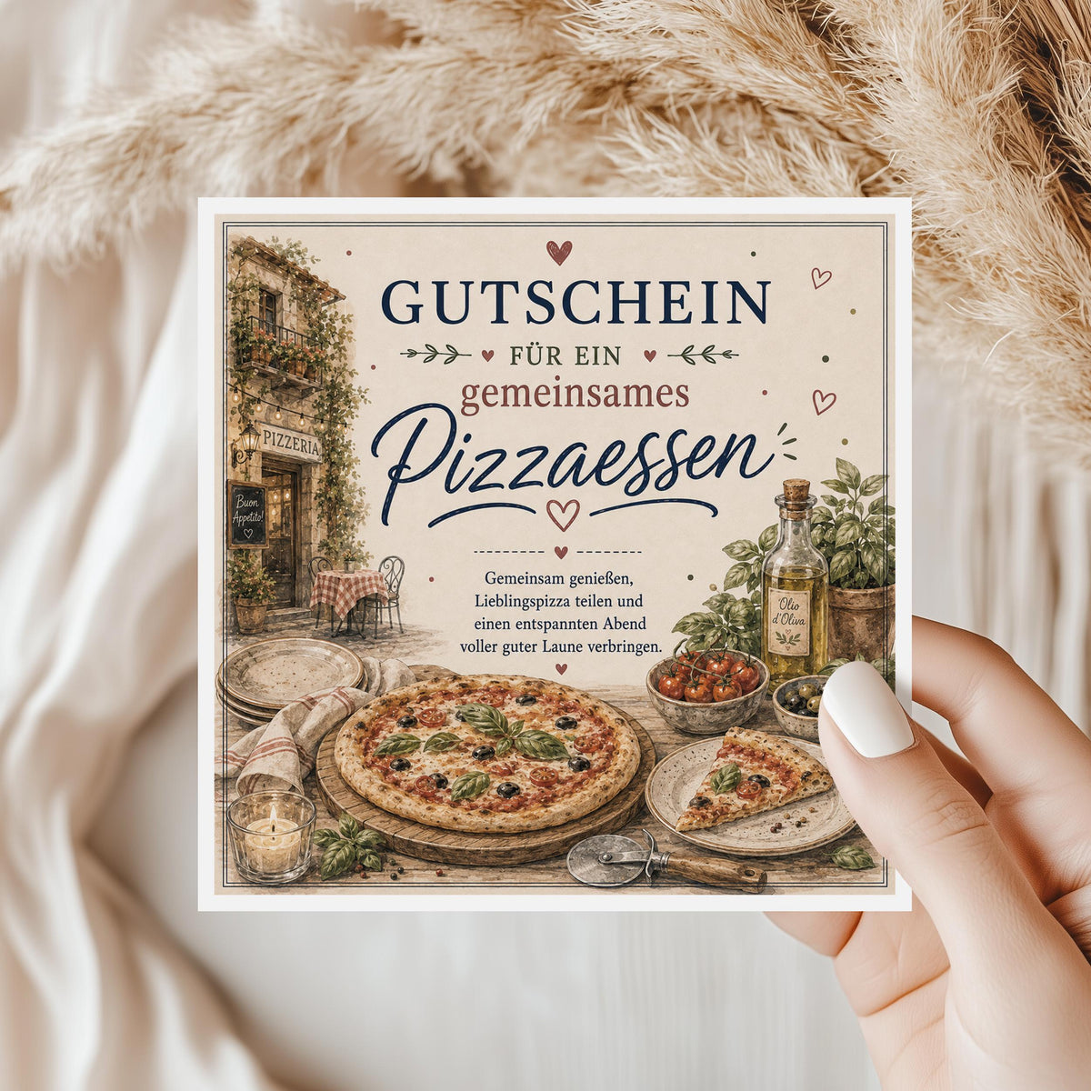 Gutschein Karte Pizzaessen, Erlebnisgutschein Klappkarte 15x15 cm mit Umschlag, Pizza Gutschein, Geschenk Freundin, Partner, Geburtstag