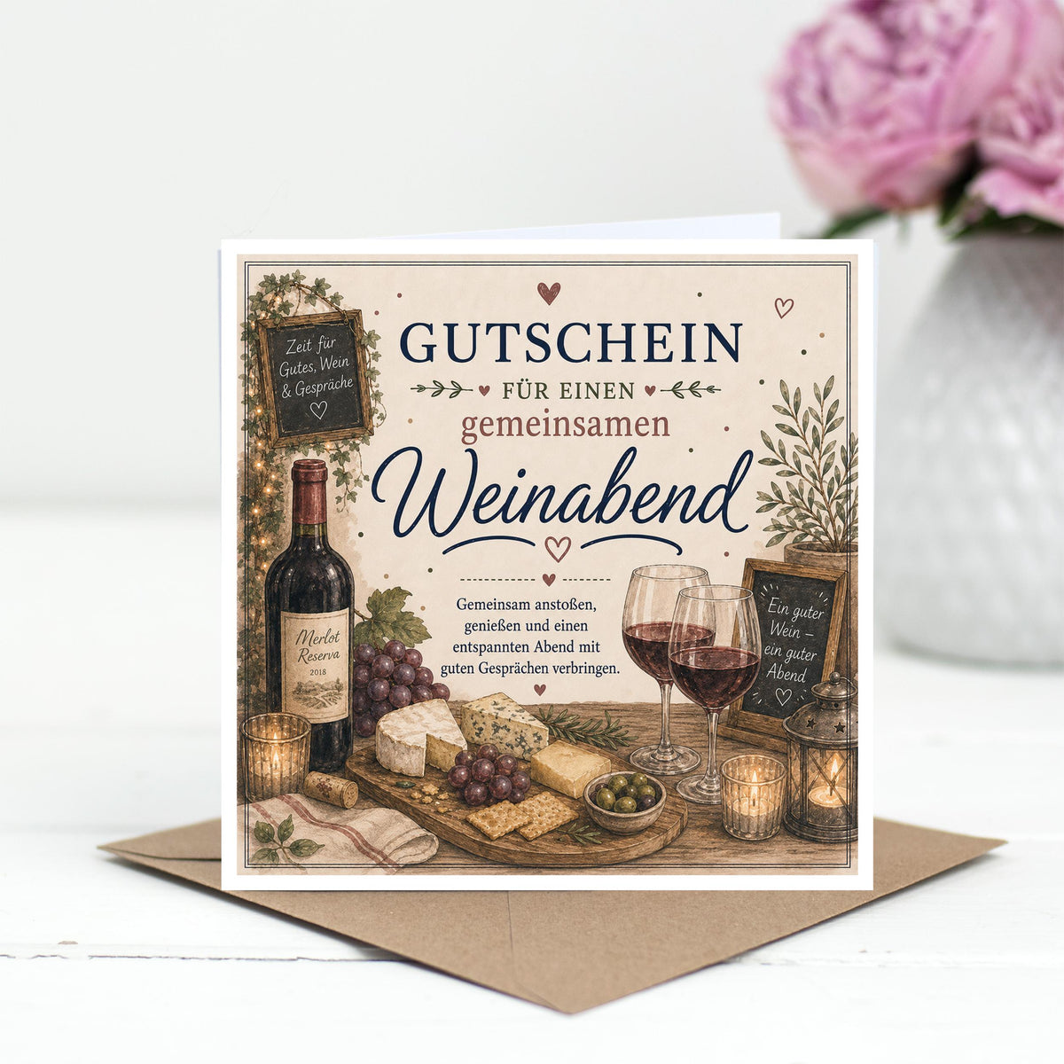 Gutschein Karte Weinabend, Erlebnisgutschein Klappkarte 15x15 cm mit Umschlag, Wein Geschenk, Geschenk Partner, Weinliebhaber