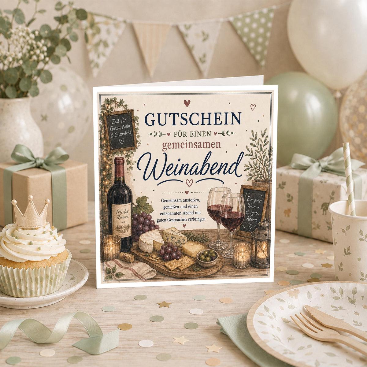 Gutschein Karte Weinabend, Erlebnisgutschein Klappkarte 15x15 cm mit Umschlag, Wein Geschenk, Geschenk Partner, Weinliebhaber
