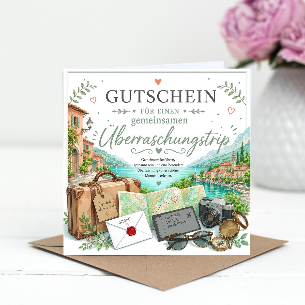 Reisegutschein Überraschungstrip Klappkarte 15x15 cm – Gutschein für Kurztrip