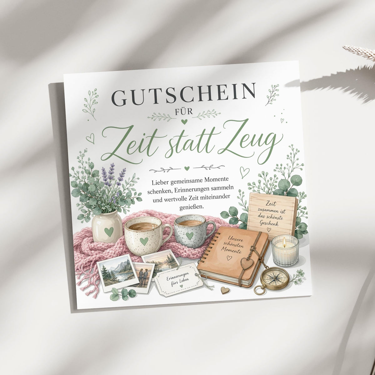 Zeit statt Zeug Gutschein Klappkarte 15x15 cm – gemeinsame Zeit schenken
