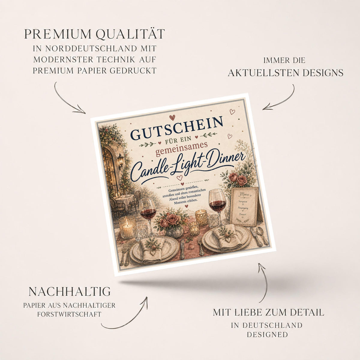 Gutschein Karte Candle Light Dinner, Erlebnisgutschein Klappkarte 15x15 cm mit Umschlag, Geschenk Partner, Valentinstag, Jahrestag, Date