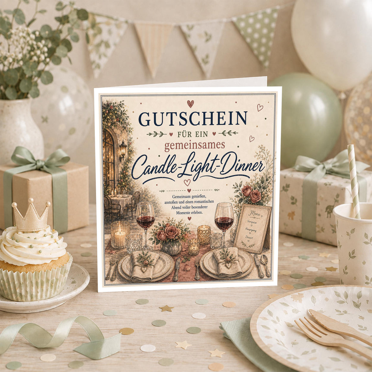 Gutschein Karte Candle Light Dinner, Erlebnisgutschein Klappkarte 15x15 cm mit Umschlag, Geschenk Partner, Valentinstag, Jahrestag, Date