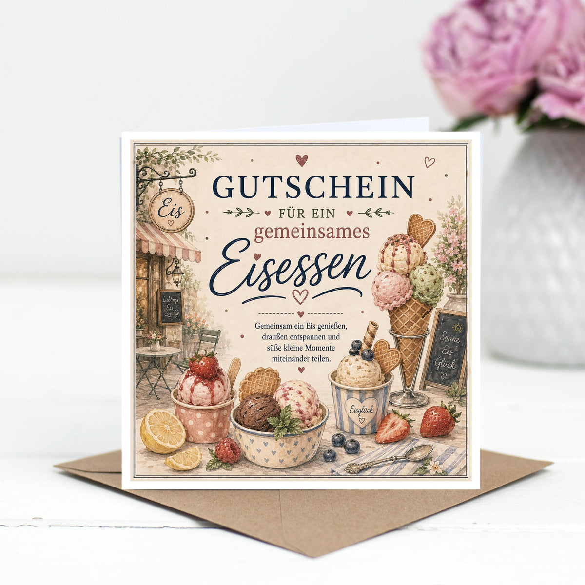 Gutschein Karte Eisessen, Erlebnisgutschein Klappkarte 15x15 cm mit Umschlag, kleines Geschenk, Sommer, Geburtstag, Aufmerksamkeit