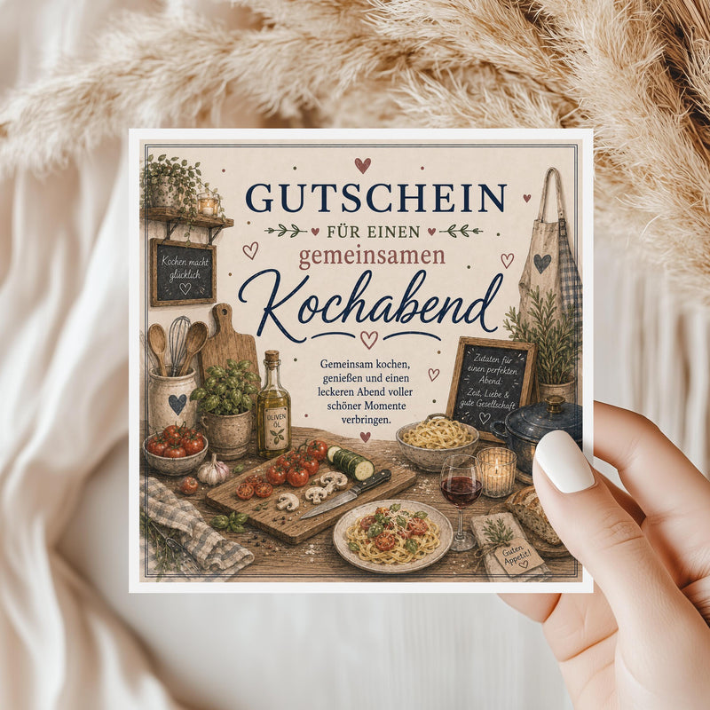 Gutschein Karte Kochabend, Erlebnisgutschein Klappkarte 15x15 cm mit Umschlag, Geschenk Partner, Paar, Valentinstag, gemeinsam Kochen