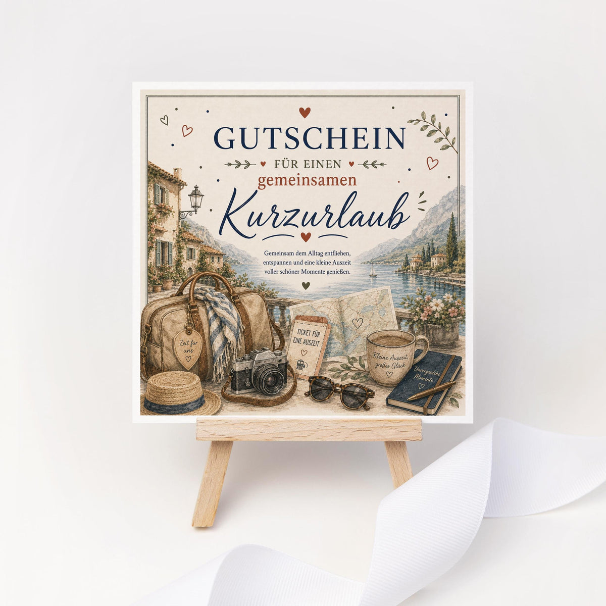 Gutschein Karte Kurzurlaub, Erlebnisgutschein Klappkarte 15x15 cm mit Umschlag, Reisegutschein, Wochenendtrip, Geschenk Partner