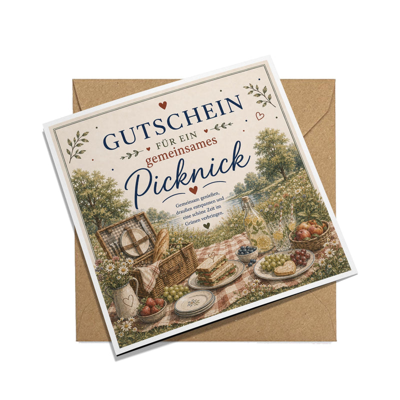 Gutschein Karte Picknick, Erlebnisgutschein Klappkarte 15x15 cm mit Umschlag, Geschenk Partner, Freundin, Frühling, Sommer Date