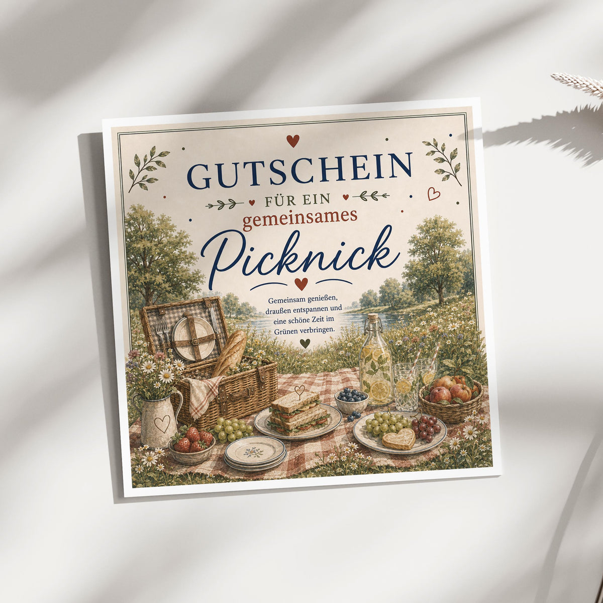 Gutschein Karte Picknick, Erlebnisgutschein Klappkarte 15x15 cm mit Umschlag, Geschenk Partner, Freundin, Frühling, Sommer Date