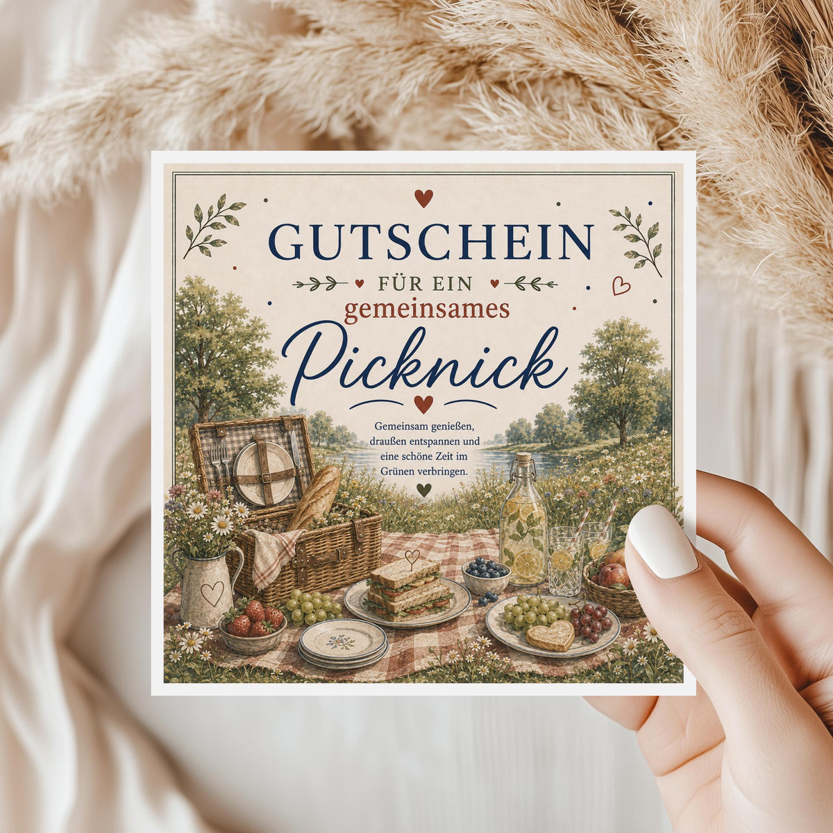 Gutschein Karte Picknick, Erlebnisgutschein Klappkarte 15x15 cm mit Umschlag, Geschenk Partner, Freundin, Frühling, Sommer Date