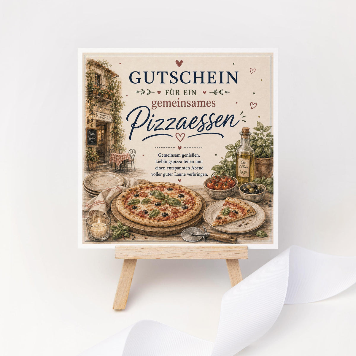 Gutschein Karte Pizzaessen, Erlebnisgutschein Klappkarte 15x15 cm mit Umschlag, Pizza Gutschein, Geschenk Freundin, Partner, Geburtstag