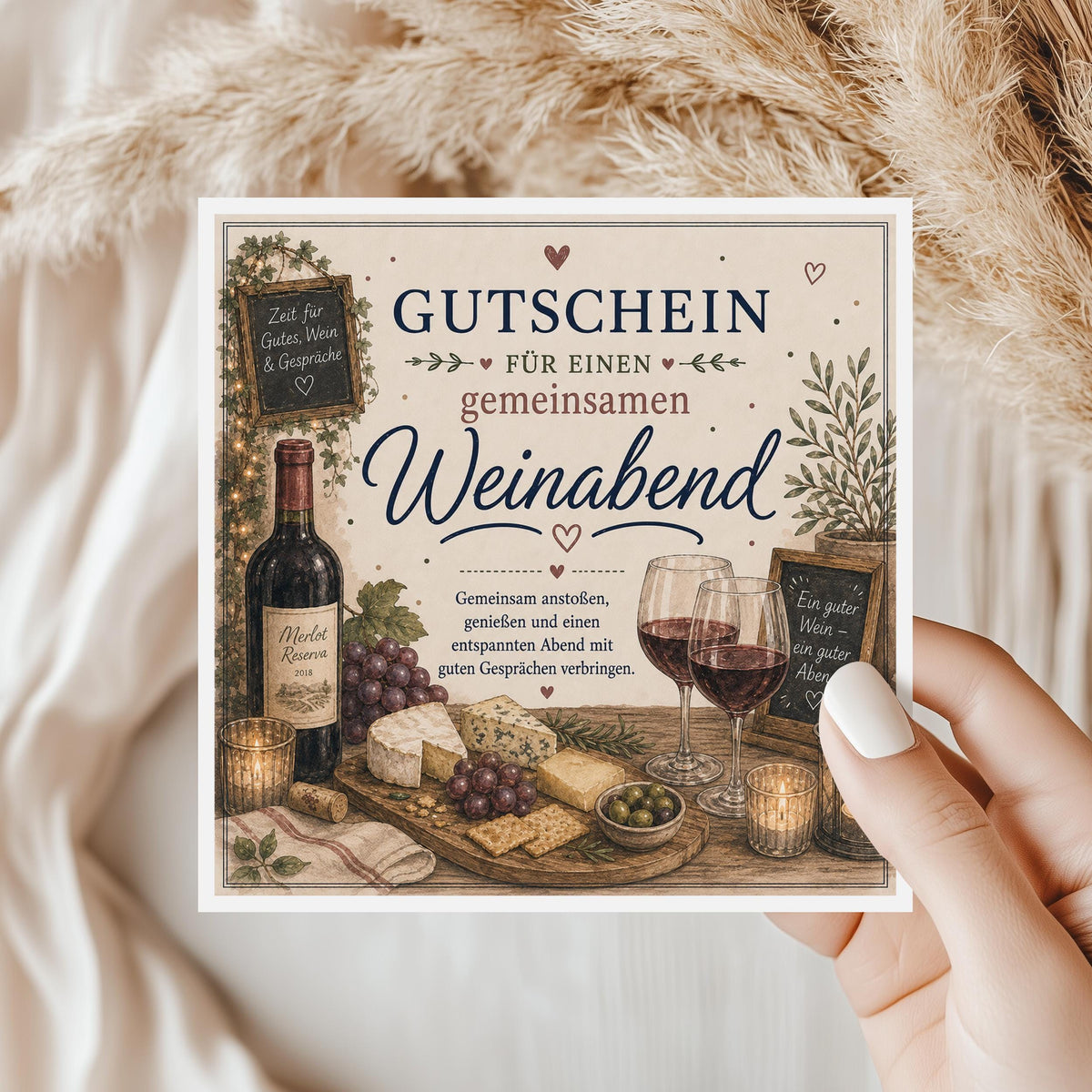 Gutschein Karte Weinabend, Erlebnisgutschein Klappkarte 15x15 cm mit Umschlag, Wein Geschenk, Geschenk Partner, Weinliebhaber