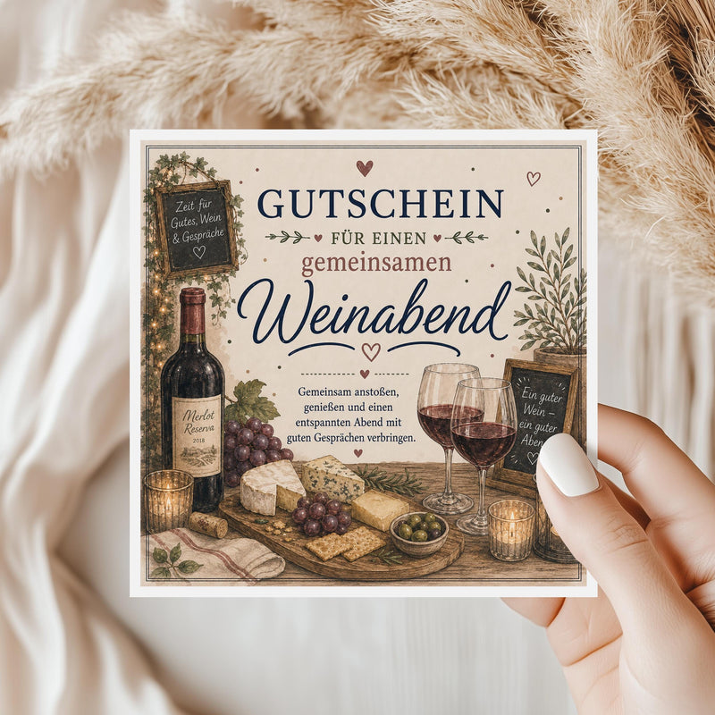 Gutschein Karte Weinabend, Erlebnisgutschein Klappkarte 15x15 cm mit Umschlag, Wein Geschenk, Geschenk Partner, Weinliebhaber