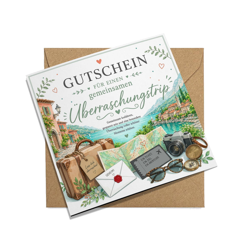 Reisegutschein Überraschungstrip Klappkarte 15x15 cm – Gutschein für Kurztrip