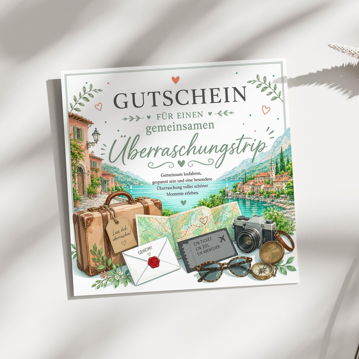 Reisegutschein Überraschungstrip Klappkarte 15x15 cm – Gutschein für Kurztrip