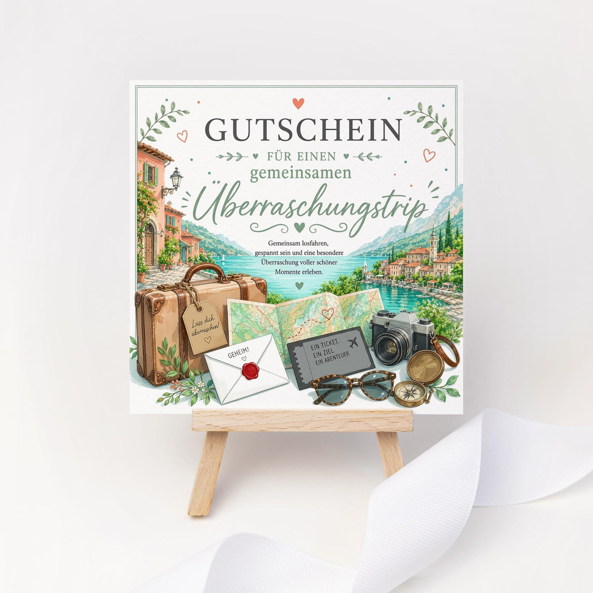 Reisegutschein Überraschungstrip Klappkarte 15x15 cm – Gutschein für Kurztrip