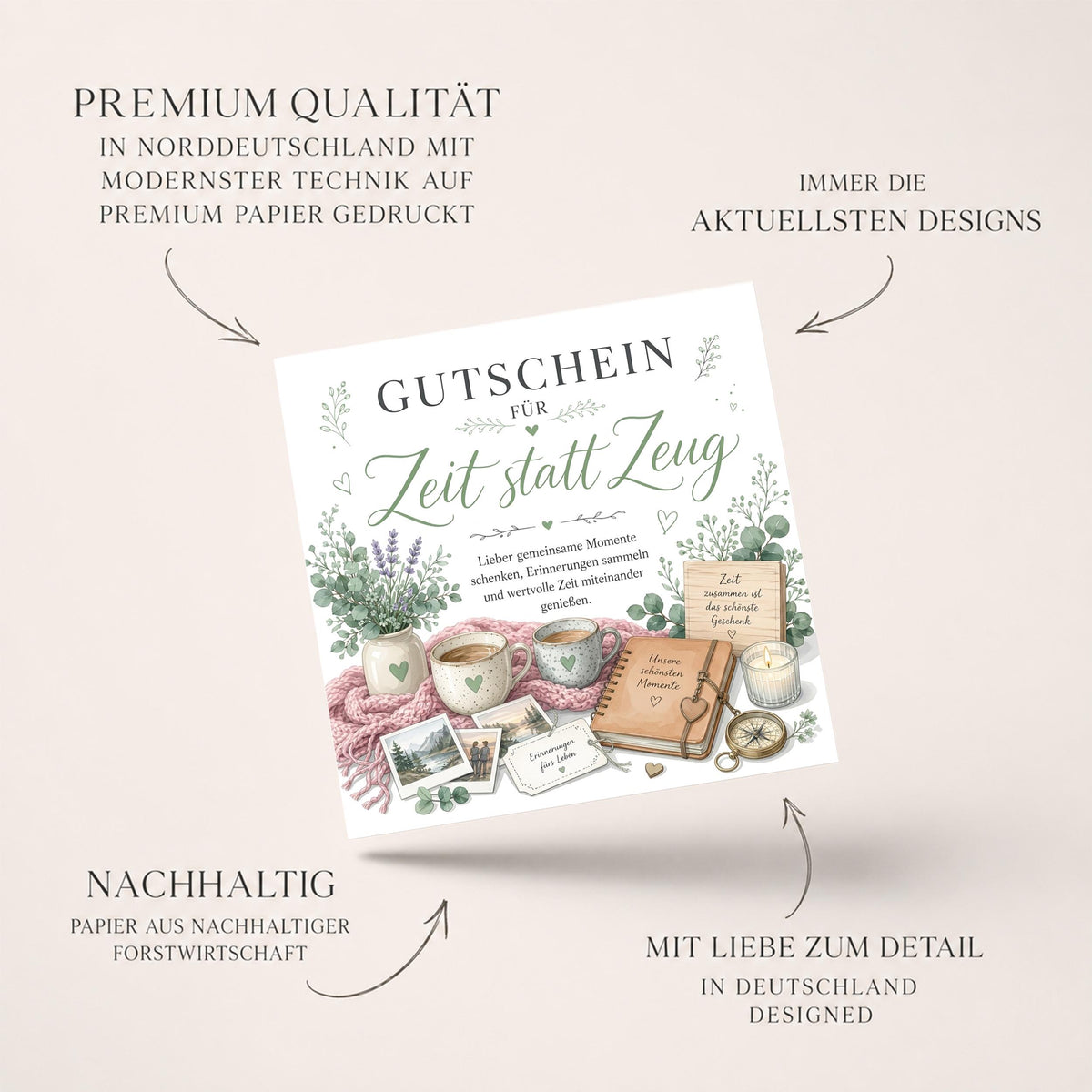 Zeit statt Zeug Gutschein Klappkarte 15x15 cm – gemeinsame Zeit schenken