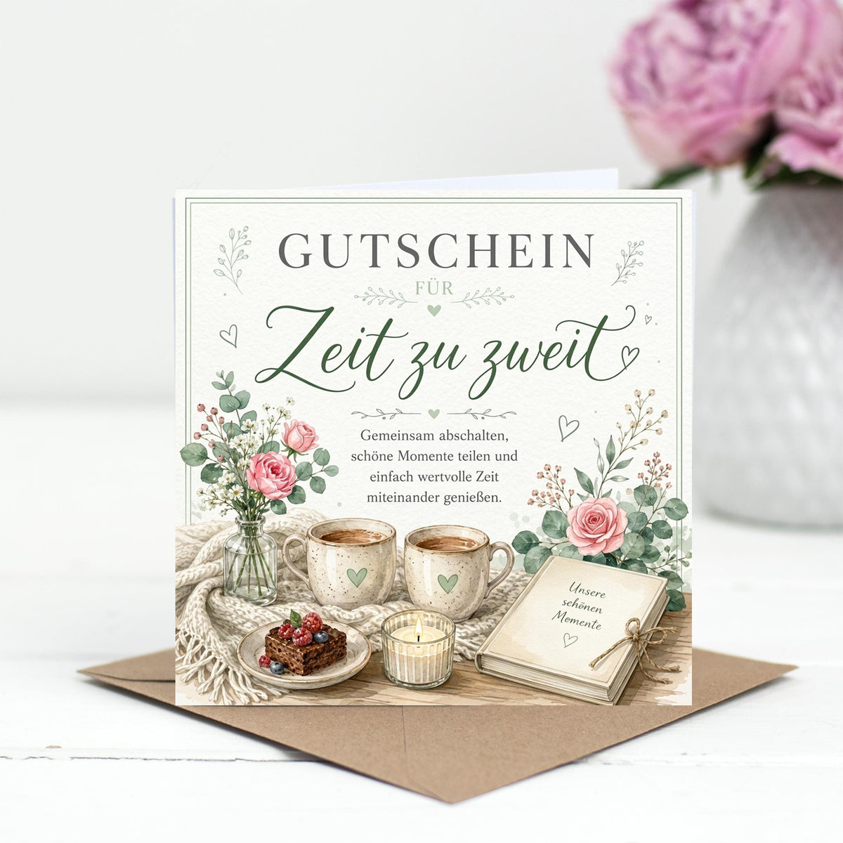 Zeit zu zweit Gutschein Klappkarte 15x15 cm – gemeinsame Zeit schenken
