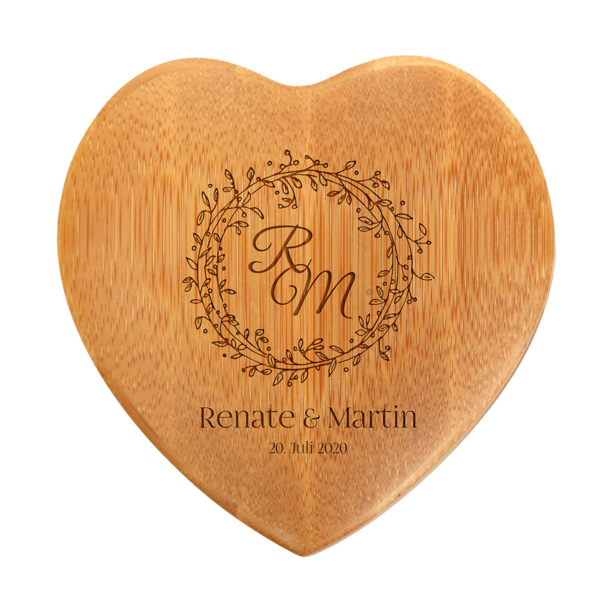Ringkissen als Herz aus Holz mit Gravur zur Hochzeit Motiv 03 hell