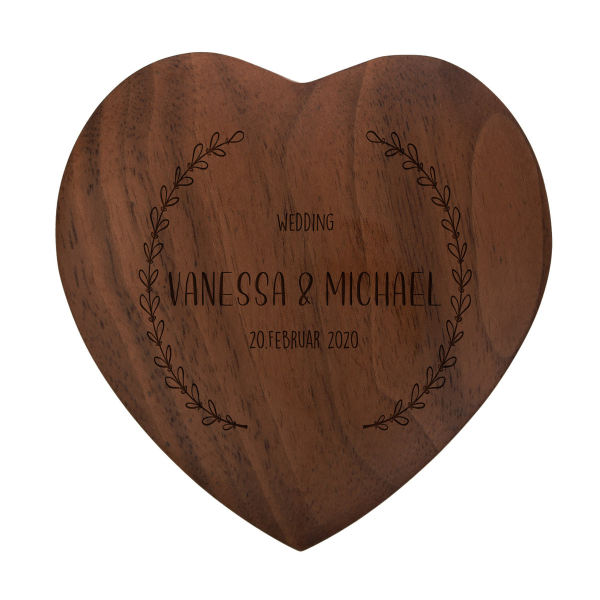 Ringkissen als Herz aus Holz mit Gravur zur Hochzeit Motiv 02 dunkel