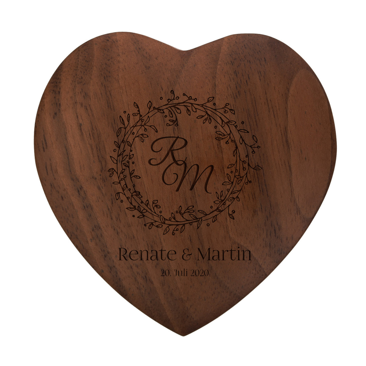 Ringkissen als Herz aus Holz mit Gravur zur Hochzeit Motiv 03 dunkel