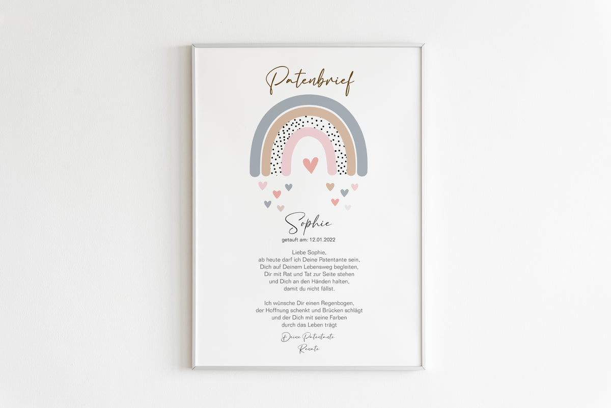 PATENBRIEF Regenbogen personalisiert als Geschenk zur Taufe, Paten, Patentante, Patenonkel, Poster, Patenkind, Taufbrief