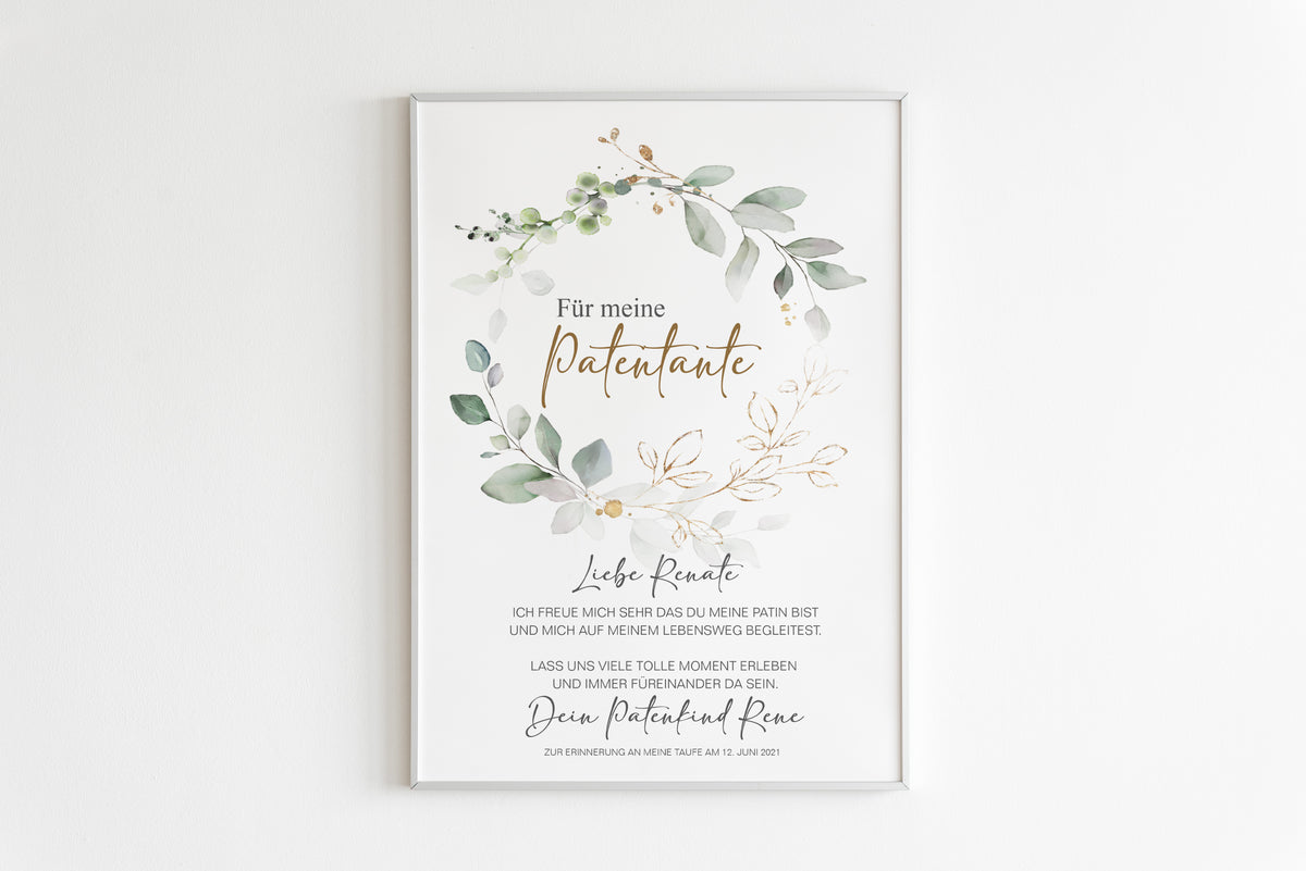 PATENBRIEF Eukalyptus Kranz personalisiert als Geschenk zur Taufe, Paten, Patentante, Patenonkel, Poster, Patenkind, Taufbrief,