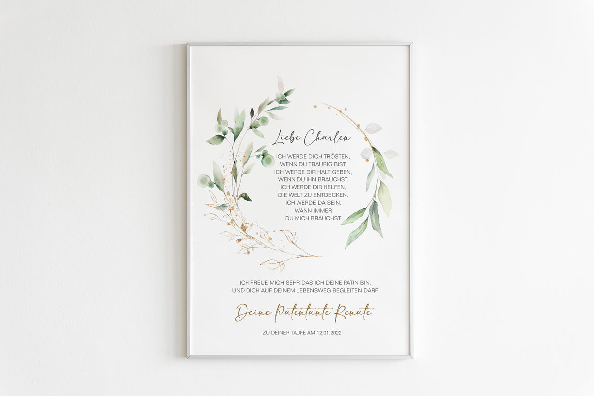 PATENBRIEF Eukalyptus Gold personalisiert als Geschenk zur Taufe, Paten, Patentante, Patenonkel, Poster, Patenkind, Taufbrief