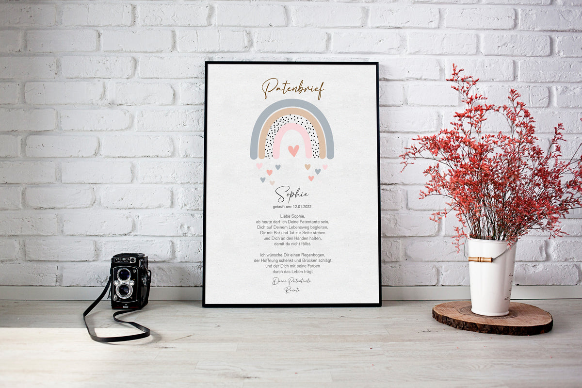 PATENBRIEF Regenbogen personalisiert als Geschenk zur Taufe, Paten, Patentante, Patenonkel, Poster, Patenkind, Taufbrief