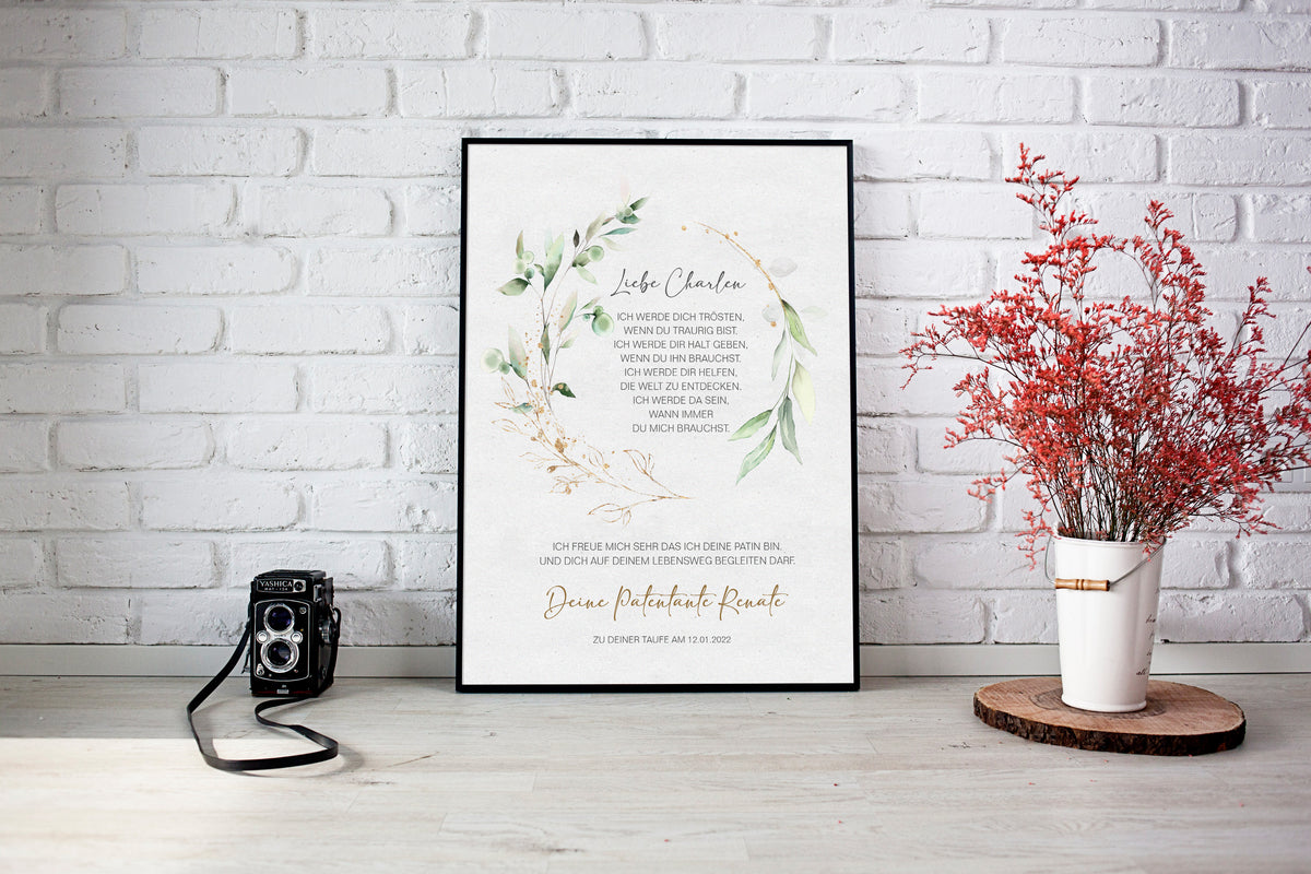 PATENBRIEF Eukalyptus Gold personalisiert als Geschenk zur Taufe, Paten, Patentante, Patenonkel, Poster, Patenkind, Taufbrief