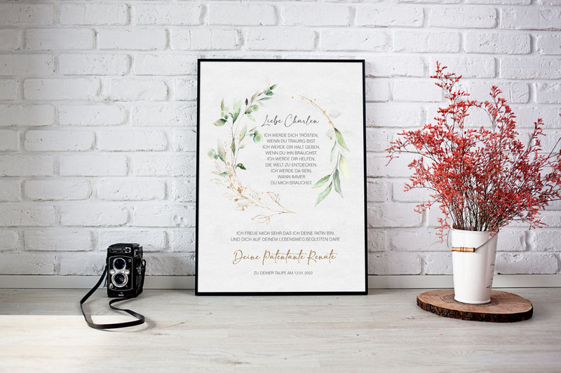PATENBRIEF Eukalyptus Gold personalisiert als Geschenk zur Taufe, Paten, Patentante, Patenonkel, Poster, Patenkind, Taufbrief