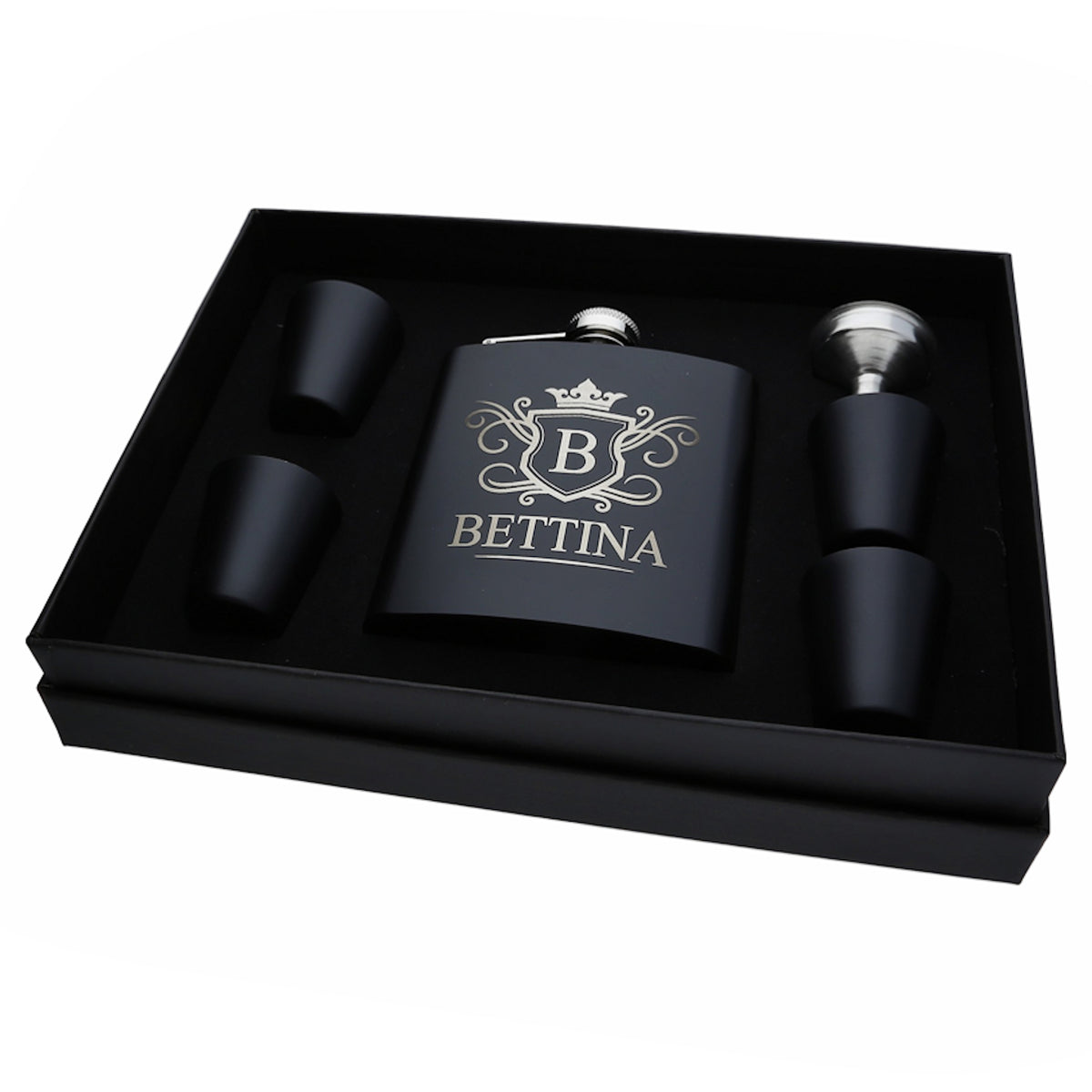 Edelstahl Flachmann-SET SCHWARZ Royal mit Gravur des Namens