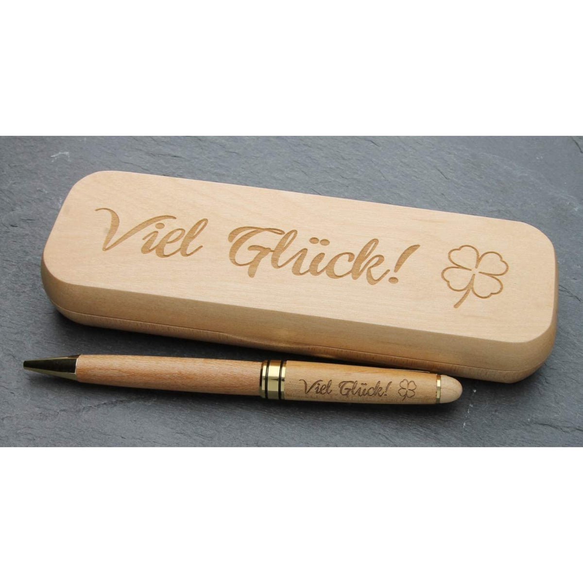 Holz-Kugelschreiber mit Gravur "Viel Glück" in Geschenk-Schachtel