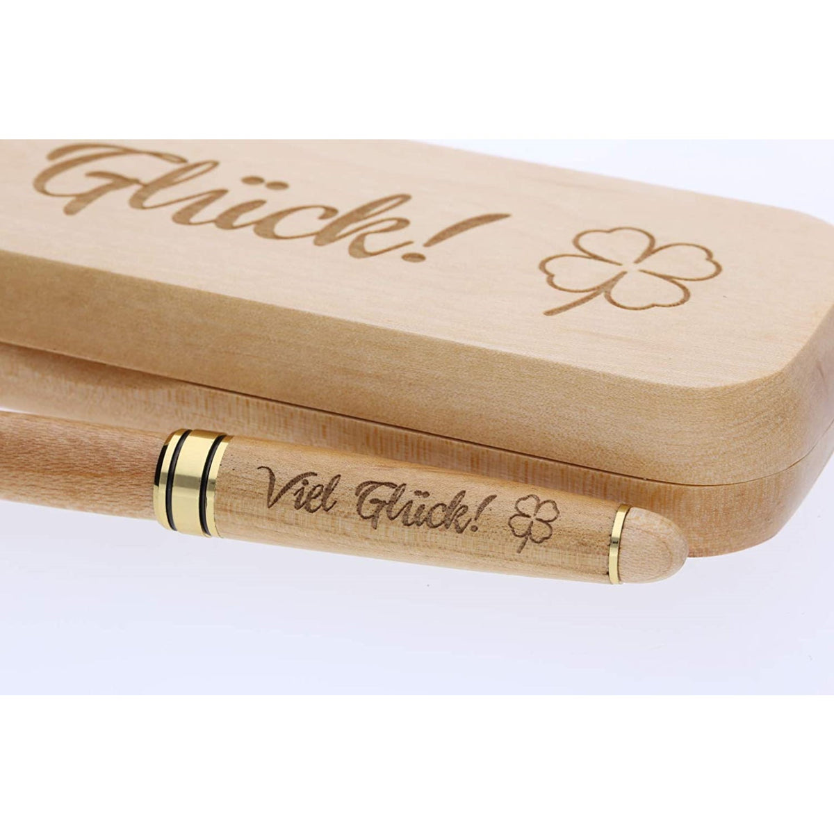 Holz-Kugelschreiber mit Gravur "Viel Glück" in Geschenk-Schachtel